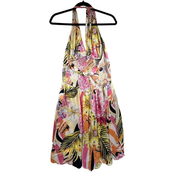 Vintage Cache Silk Floral Bubble Hem Halter Smocked Mini Dress Womens Large / XL - Picture 2 of 12
